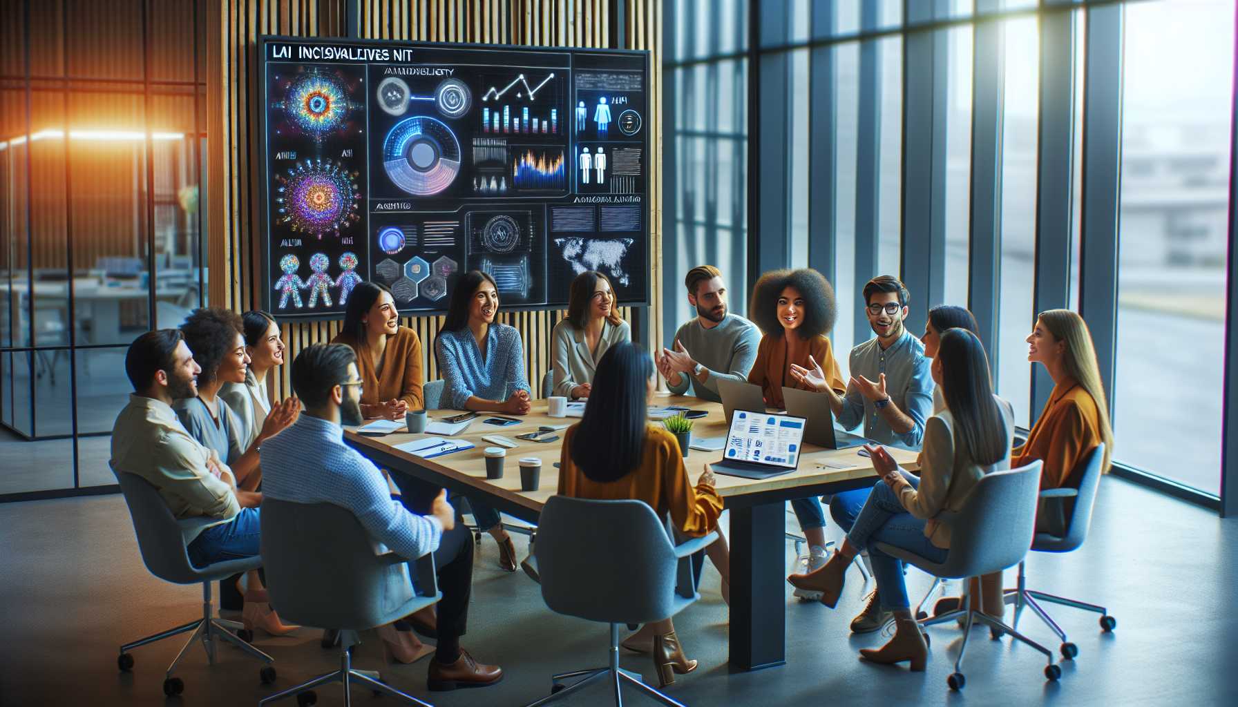 Latina/o/x tech leaders discussing AI inclusiveness in a meeting room