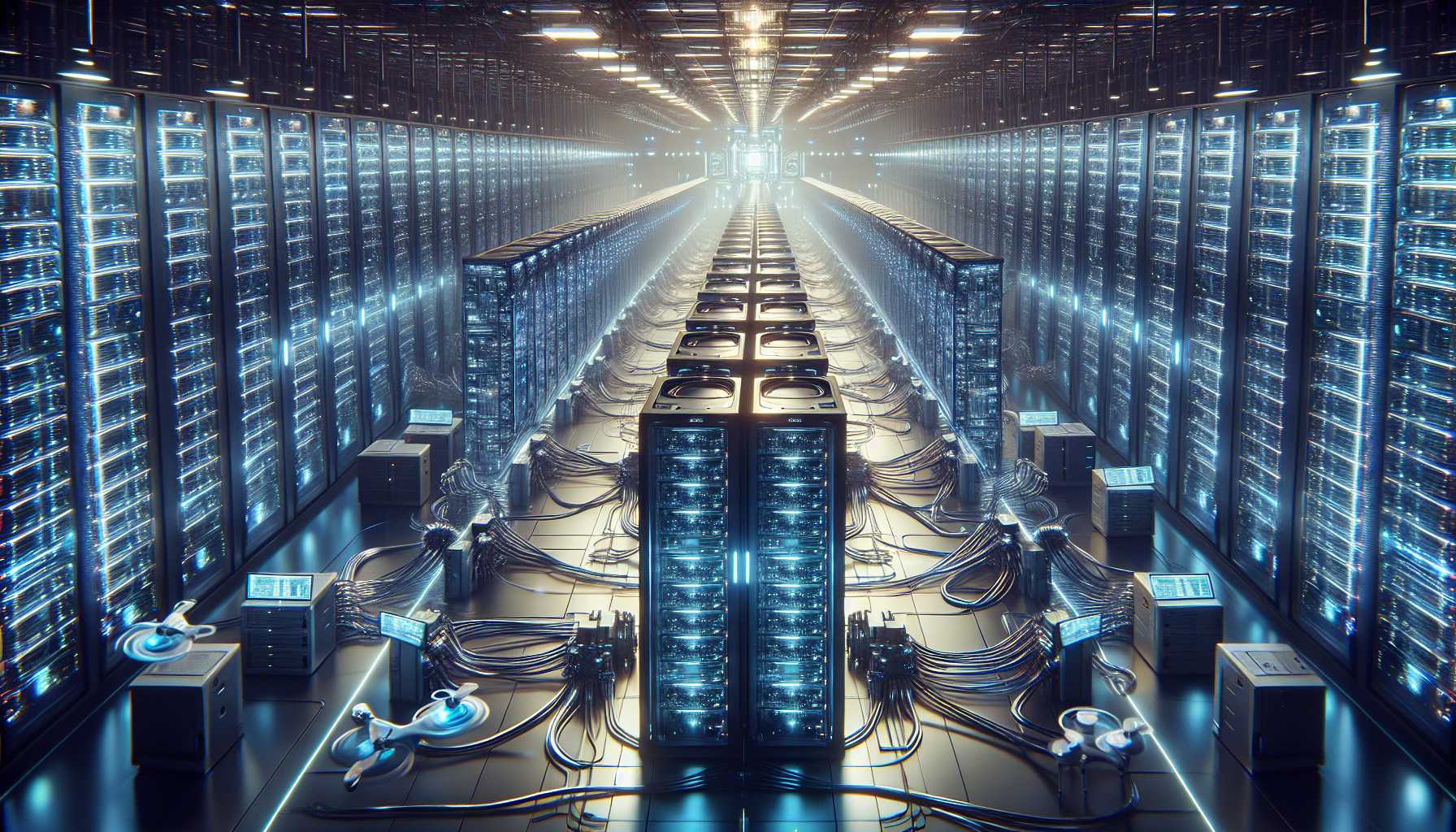 futuristic AI data center with glowing servers