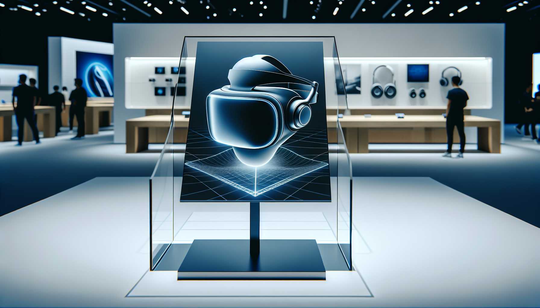 Apple Vision Pro headset on a display stand, showcasing its sleek design and futuristic appearance