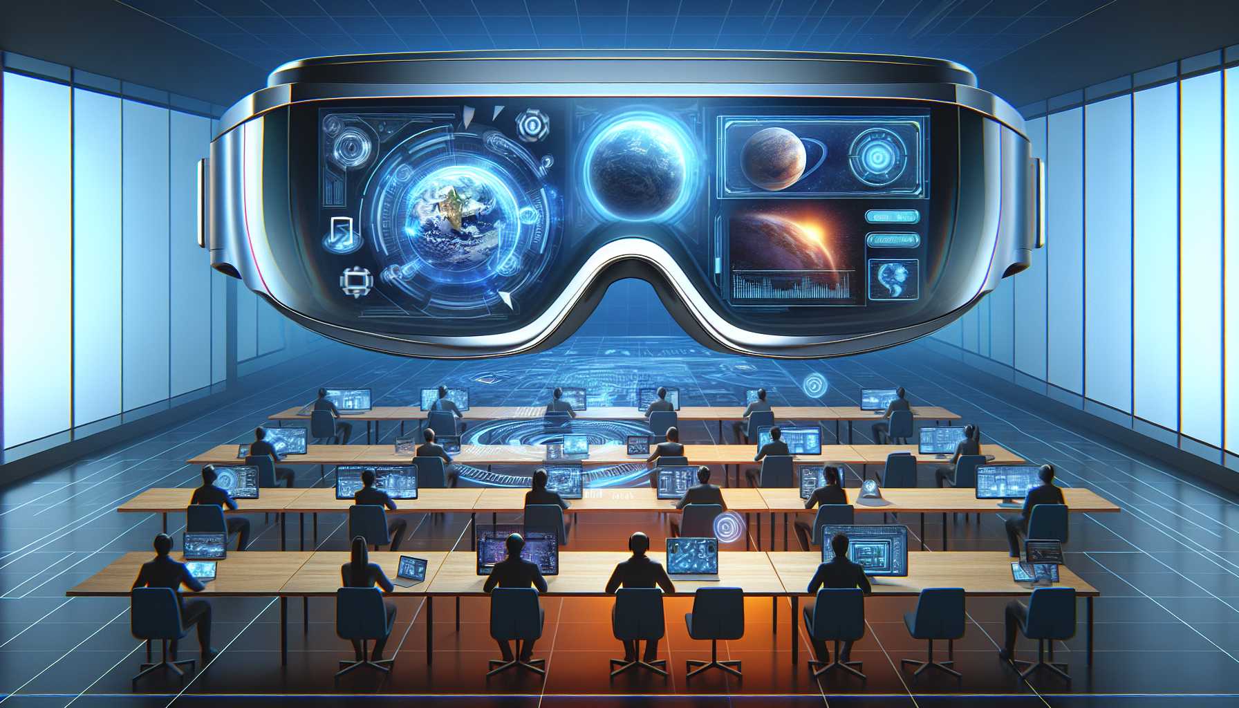 Future concept artwork of augmented reality using Apple Vision Pro, showing digital workspaces and entertainment options in a spatial computing environment