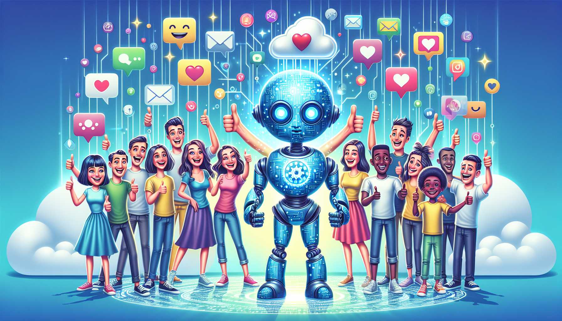 animated characters showing thumbs up with social media icons and AI in the background