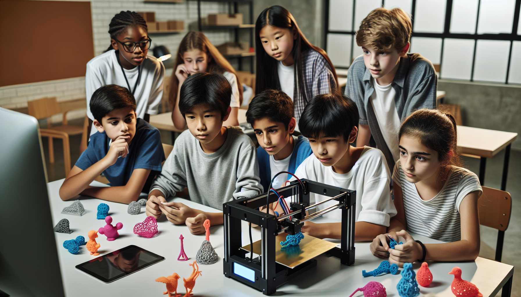 group of students with a 3D printing machine creating tactile art displays