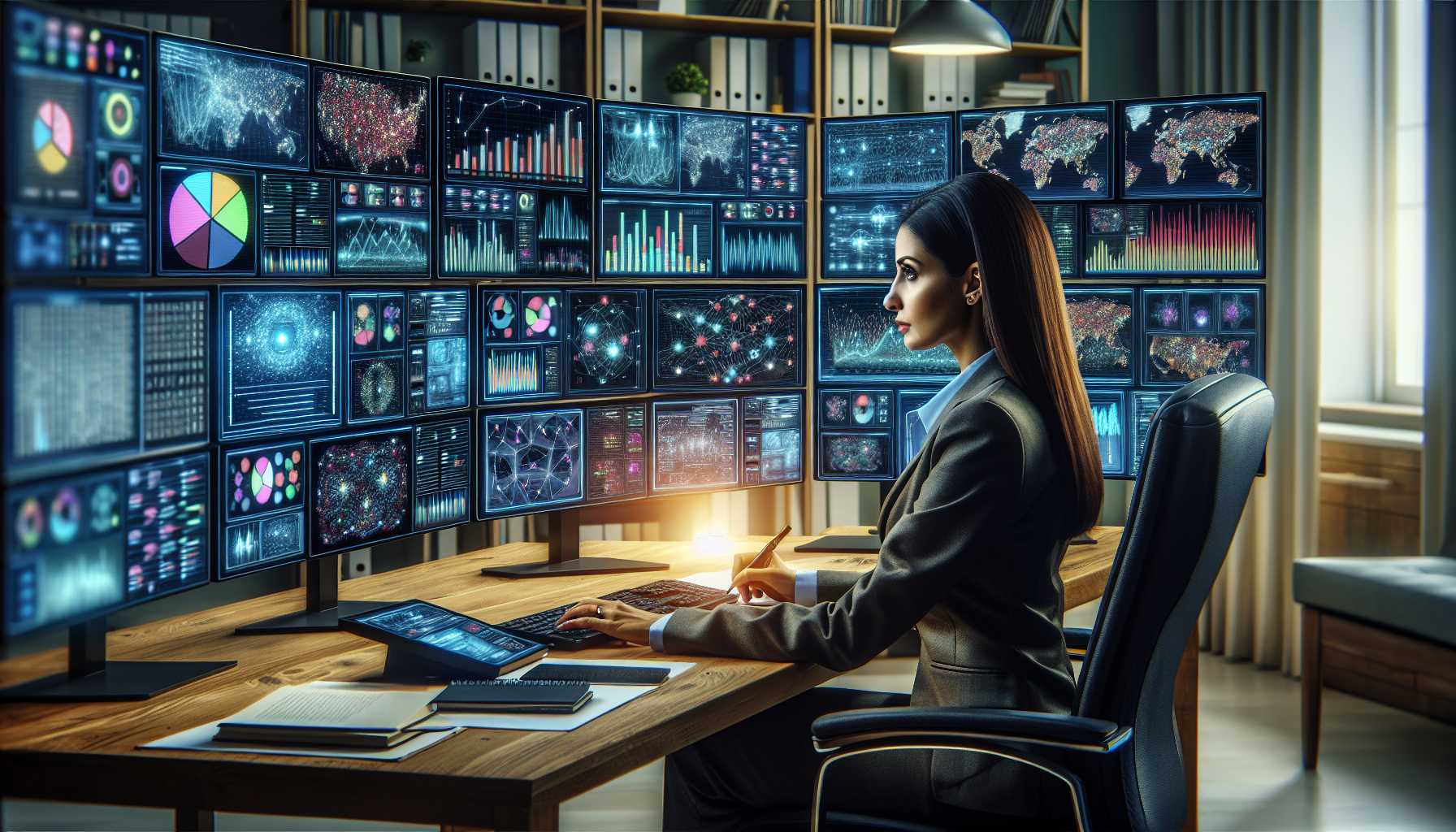 a person sitting at a desk surrounded by screens displaying graphs and AI data analysis