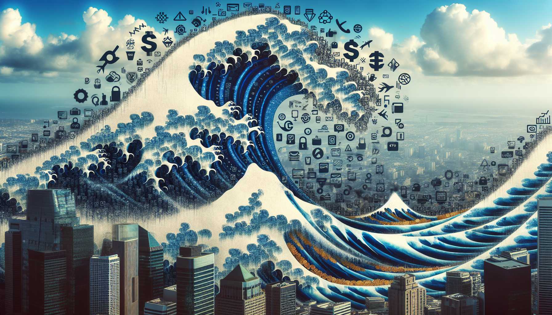 A reversed concept of a tidal wave with money and tech logos symbolizing the venture capital investment shift