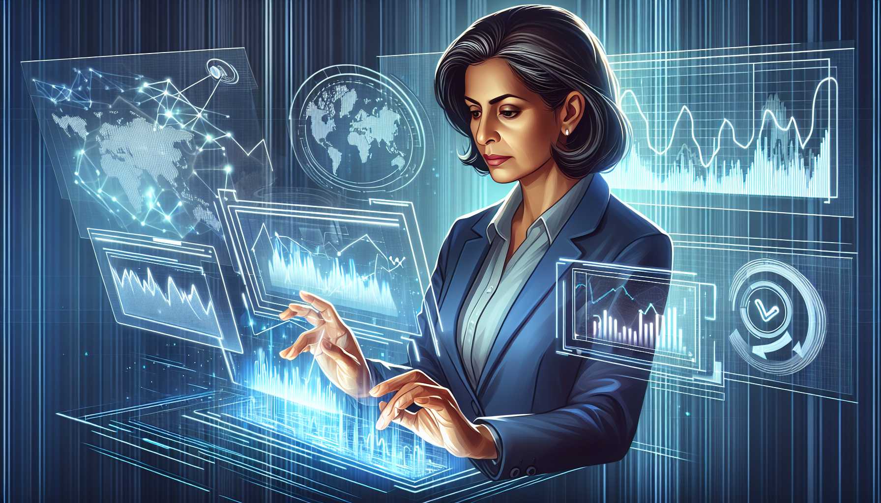 illustration of an investor analyzing stock trends on a futuristic screen