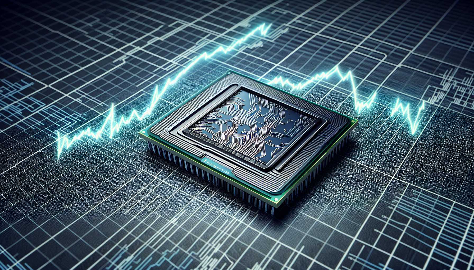 a computer processor chip with Intel's logo and a declining line chart reflecting stock price