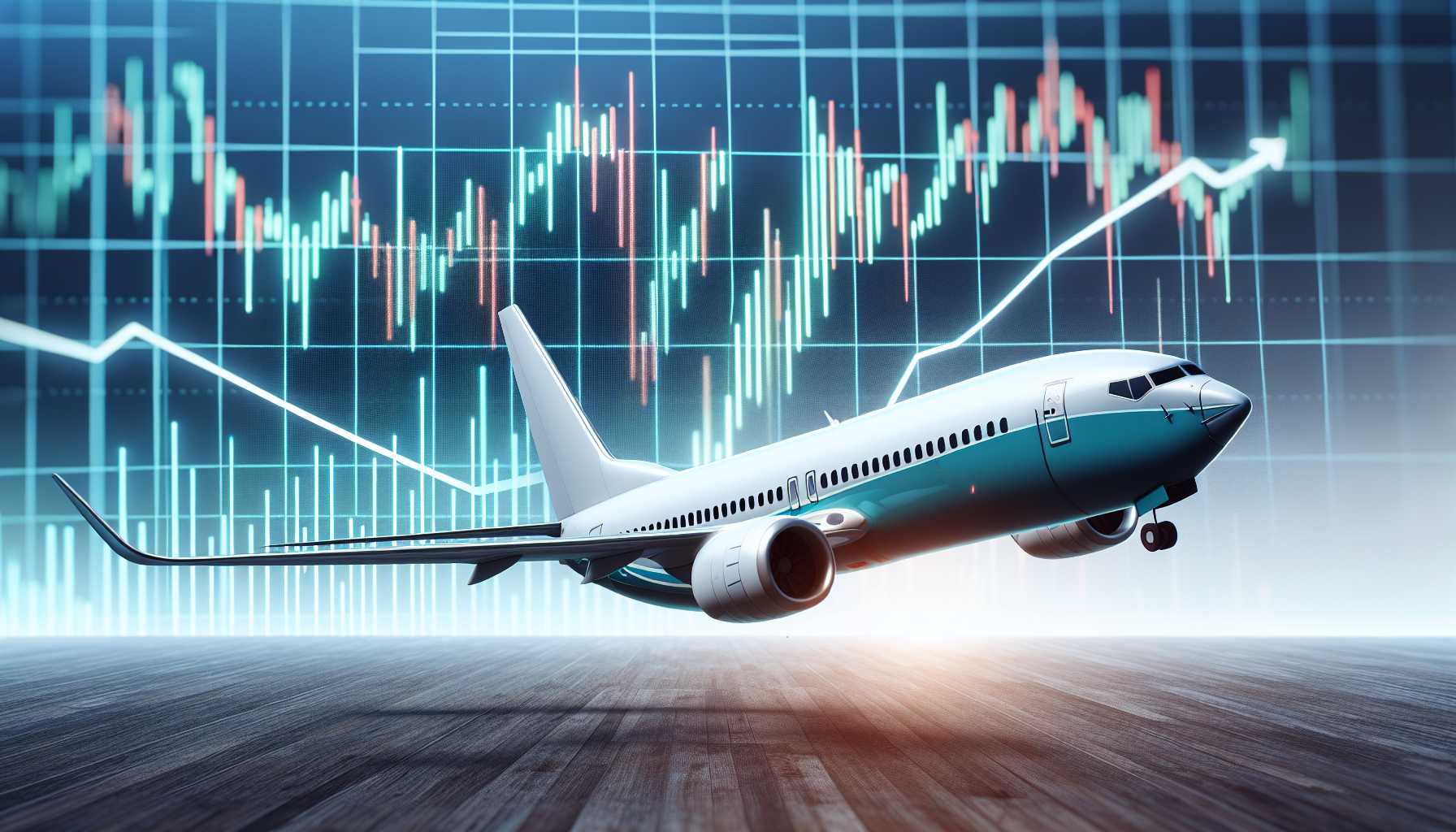 Boeing airplane with a visible design flaw, and a stock market graph indicating a drop