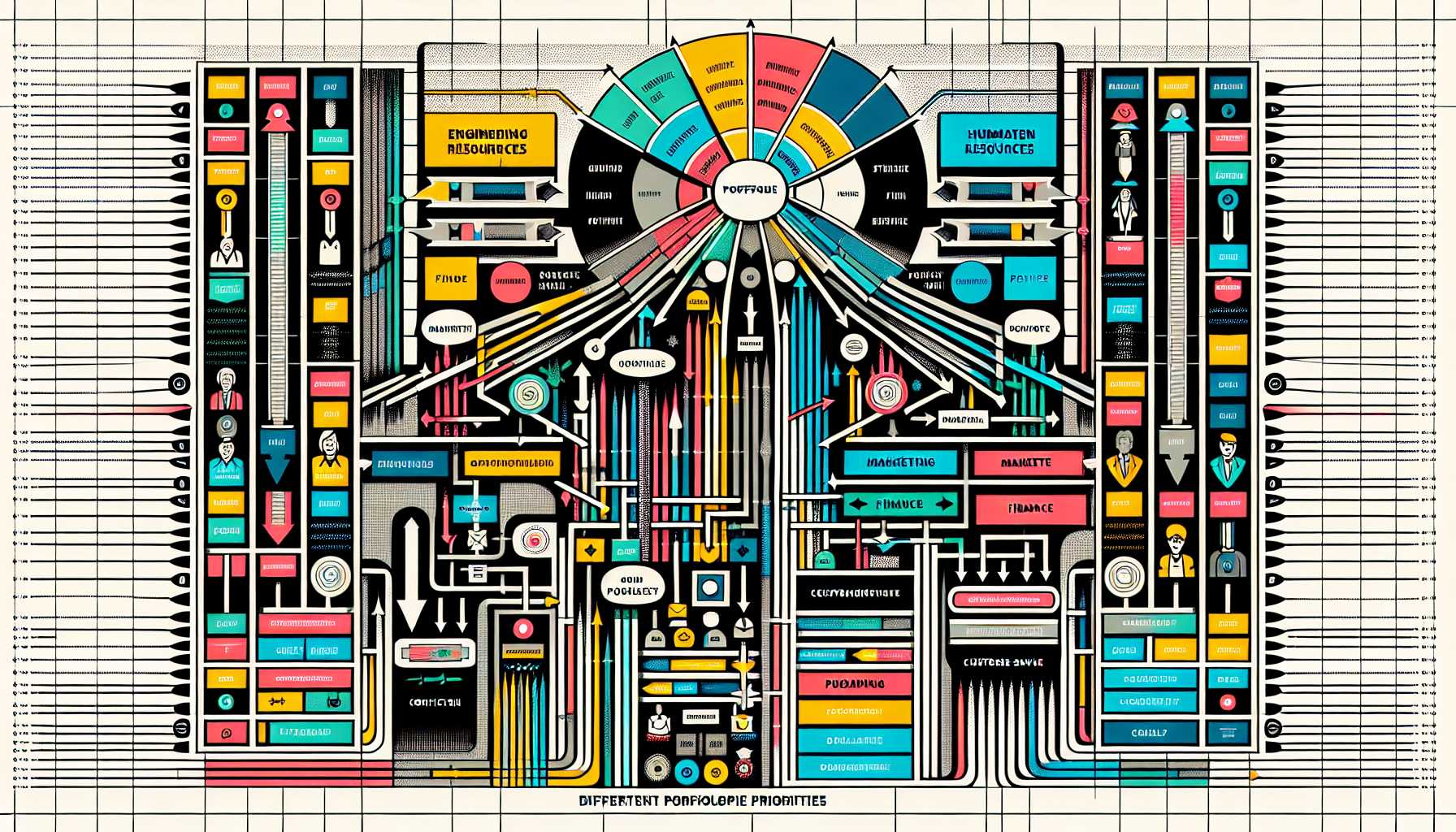 Organizational chart with multiple departments highlighting conflicting priorities in a tech company