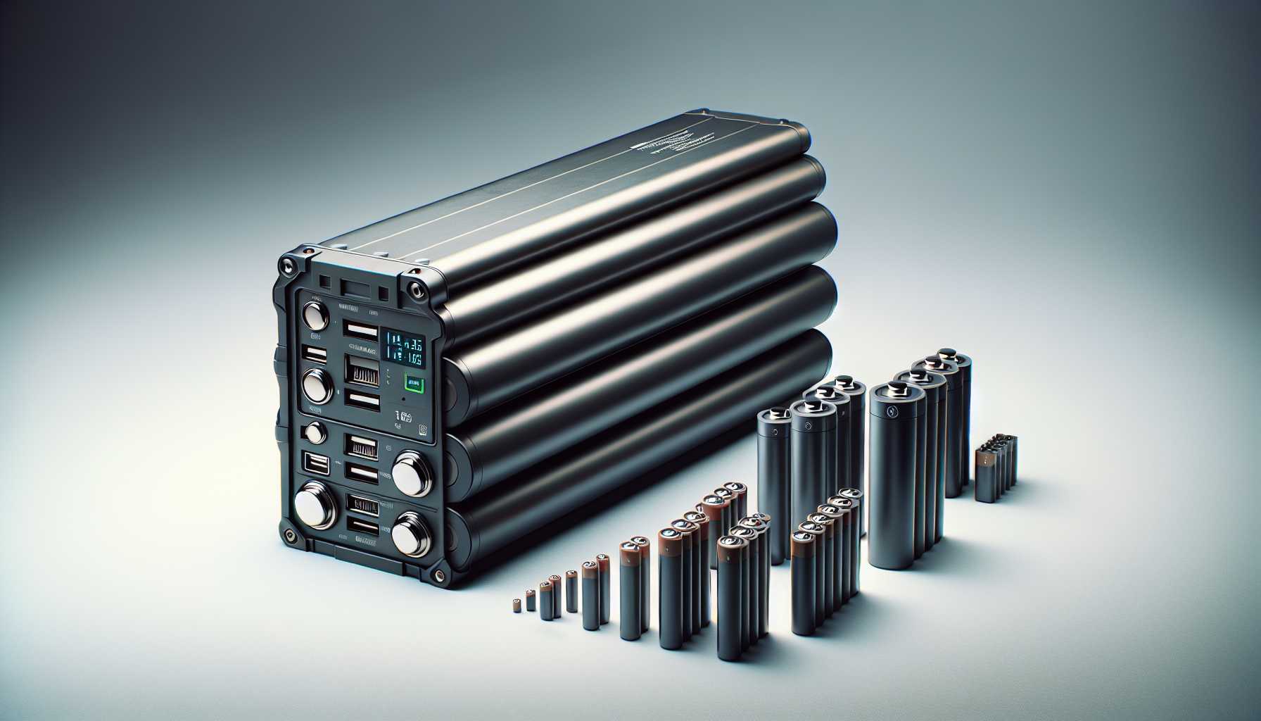 a heavy external battery pack next to lightweight batteries, illustrating the difference in size and weight