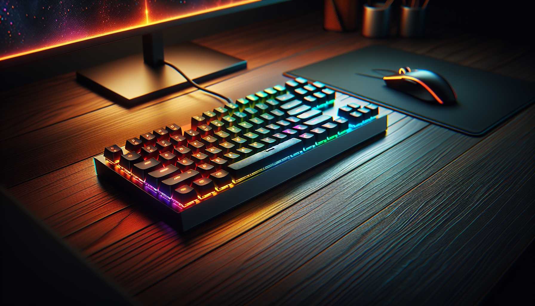 mechanical keyboard with RGB lighting on a desk