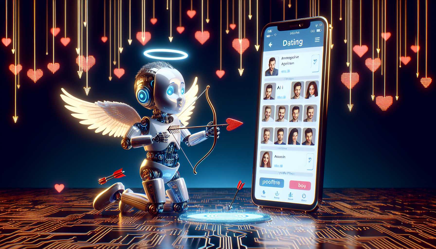 a humorous representation of artificial intelligence playing cupid on a dating app