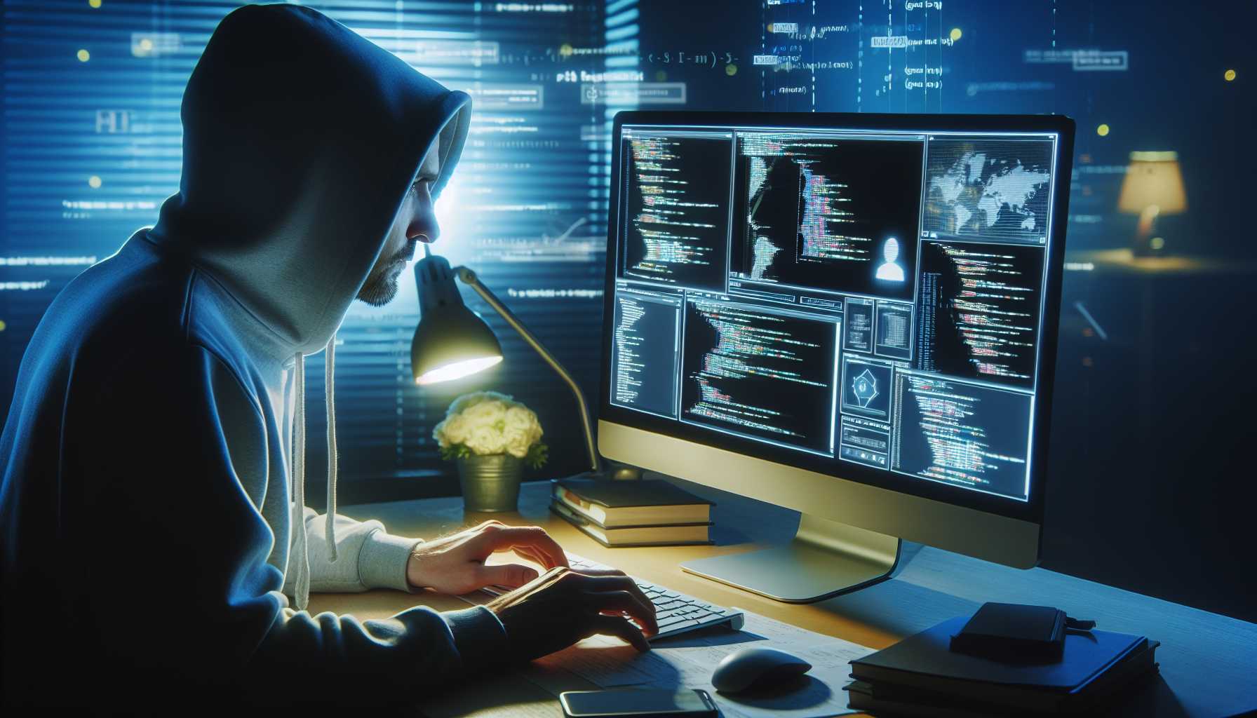 a white hat hacker working on cybersecurity on a computer with sophisticated interface