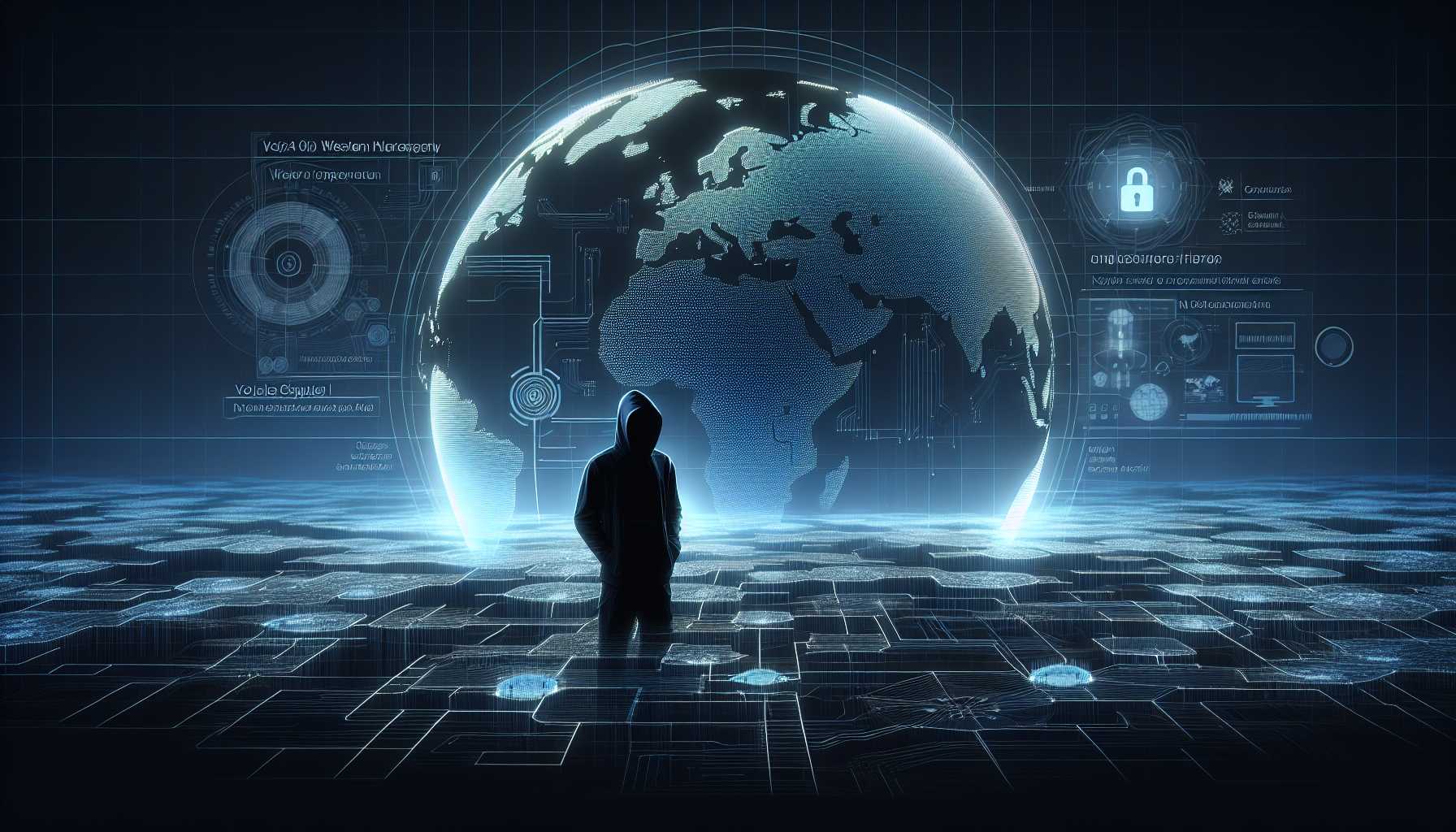 Digital cybersecurity concept with US infrastructure and Chinese hacker silhouette