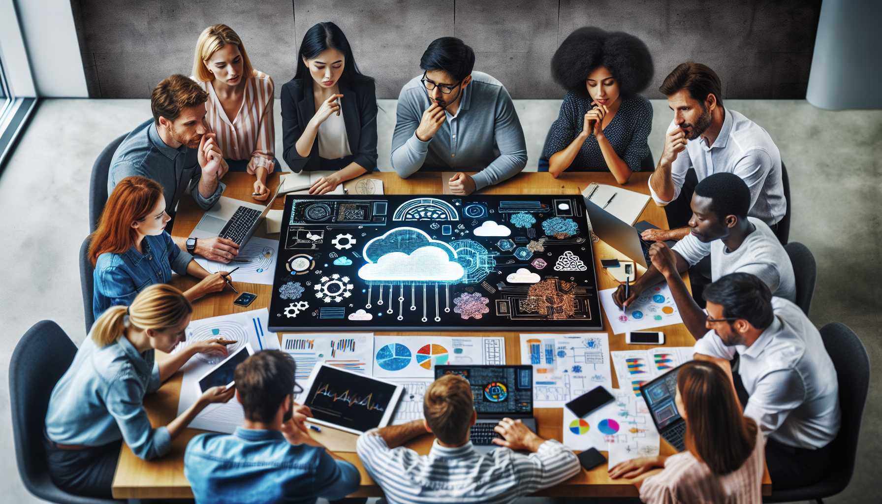 People collaborating over a table with Google Cloud and AI technology