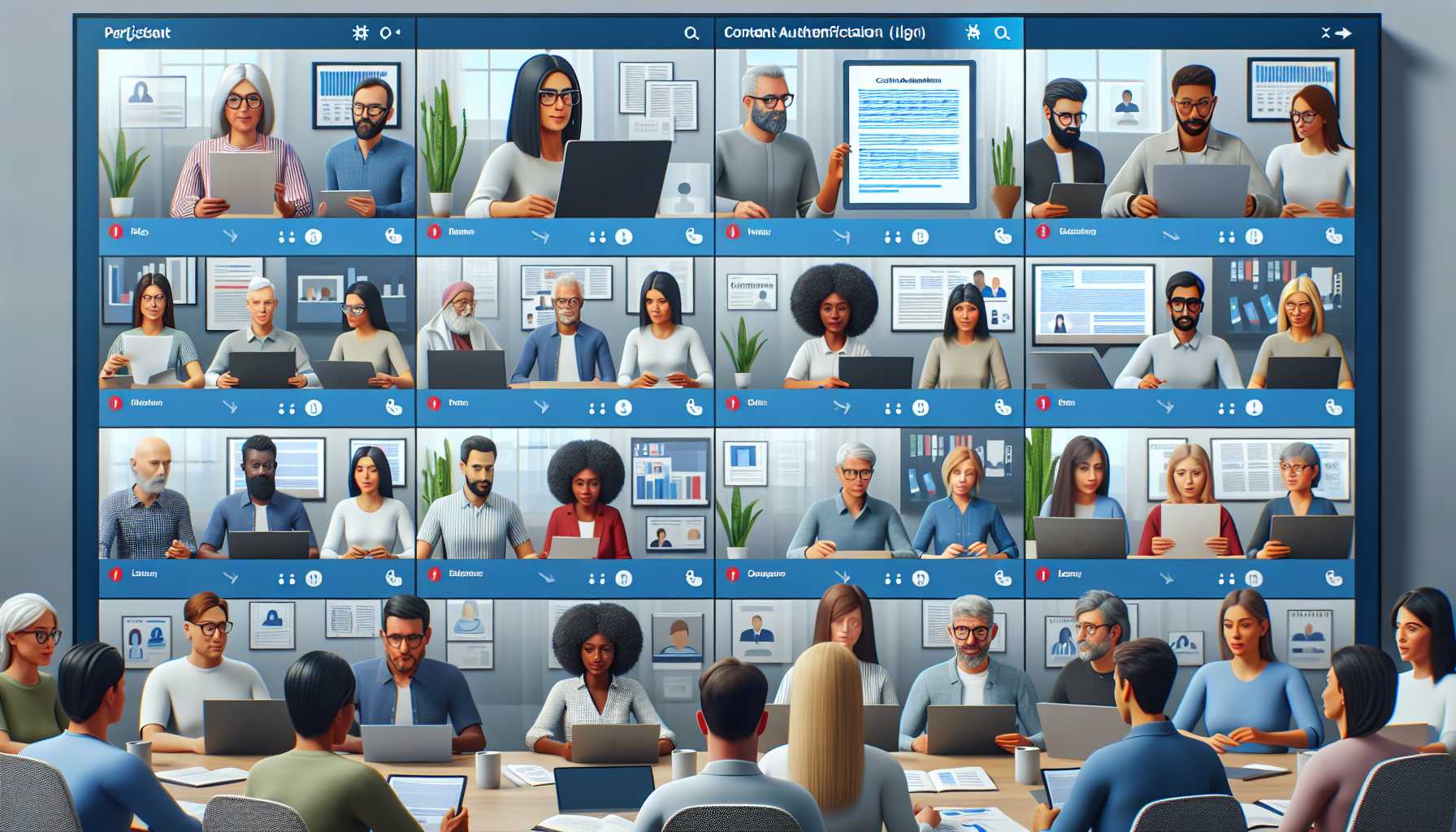 C2PA coalition members in a virtual meeting discussing content authentication