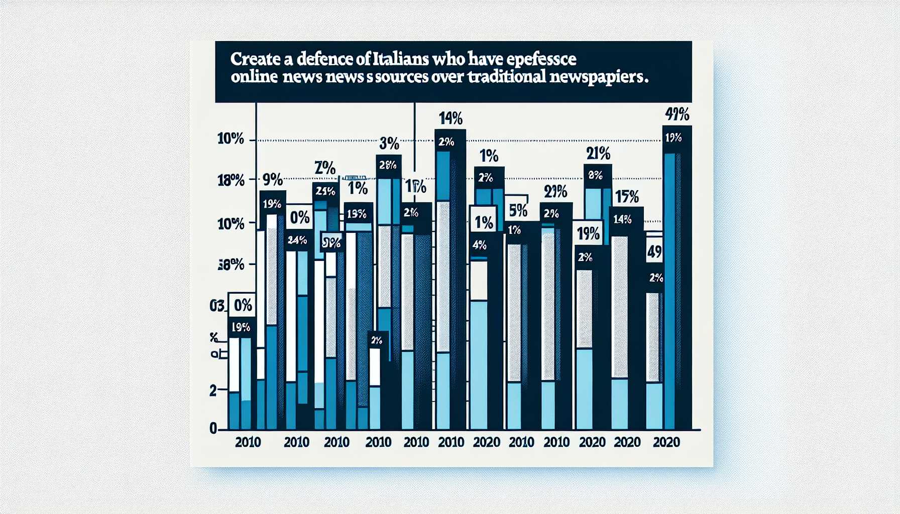 a bar chart showing the percentage of Italians who prefer online news over traditional newspapers from 2010 to 2020