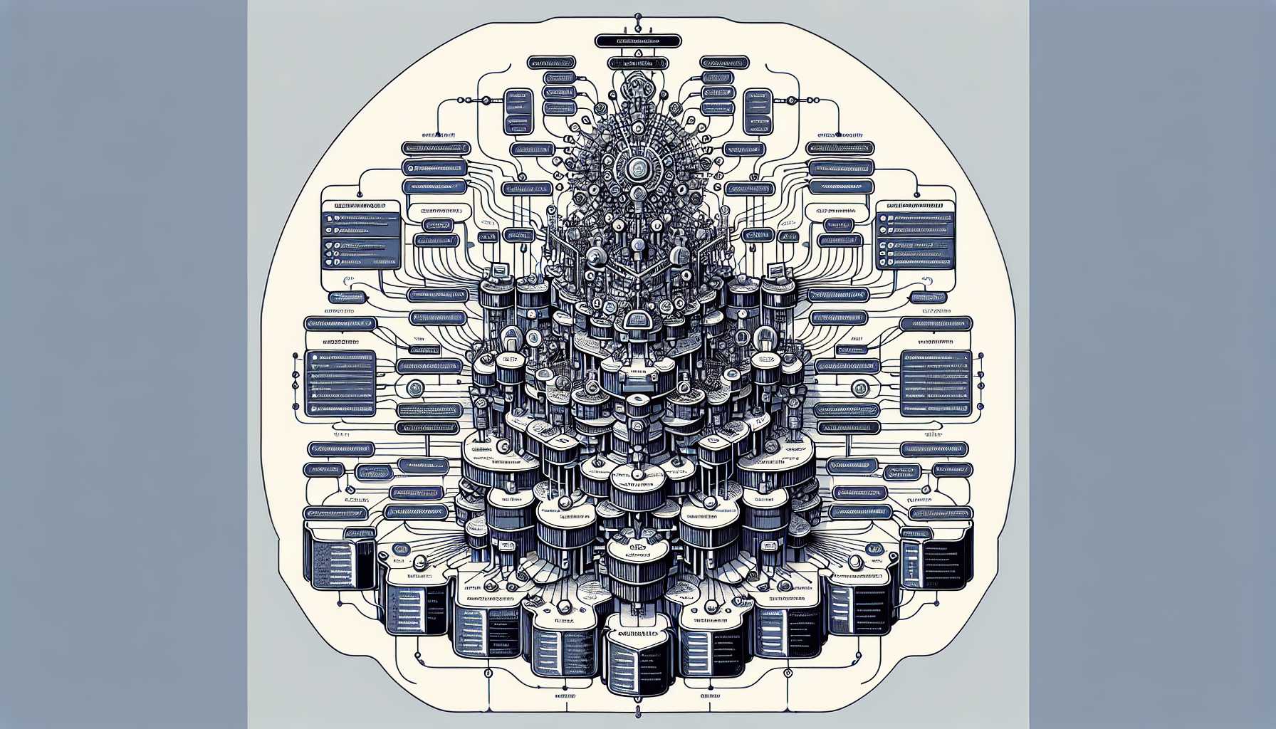 an interactive organigram showing modular components of a scalable software architecture in a tech company