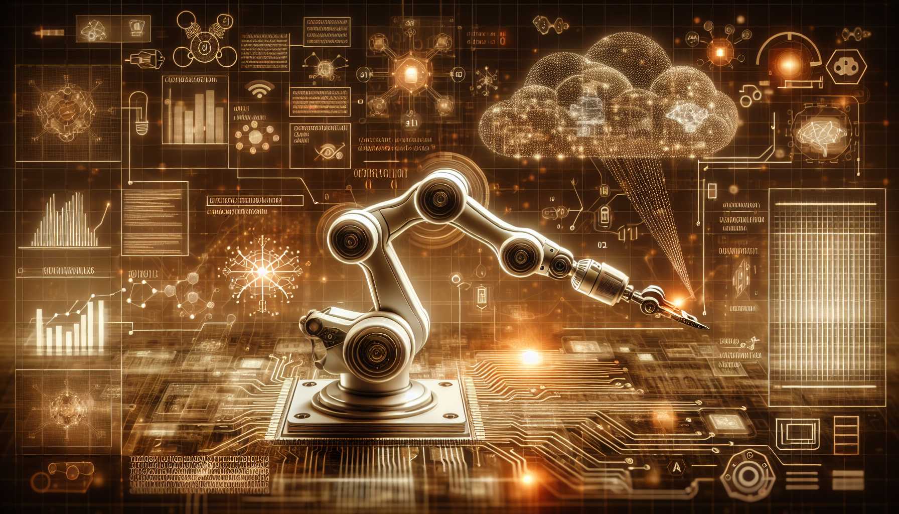 robotic arm performing tasks with AI iconography in the background