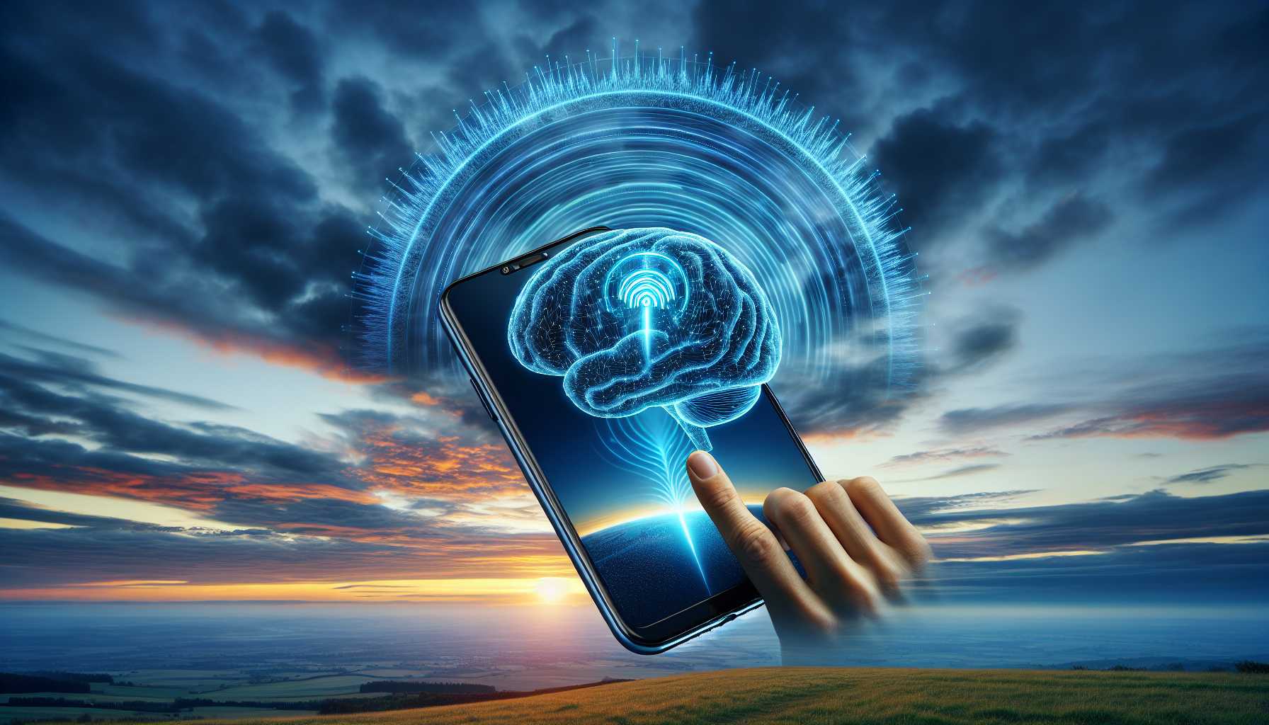 sky with RF signals transmitting to a smartphone with AI brain icon