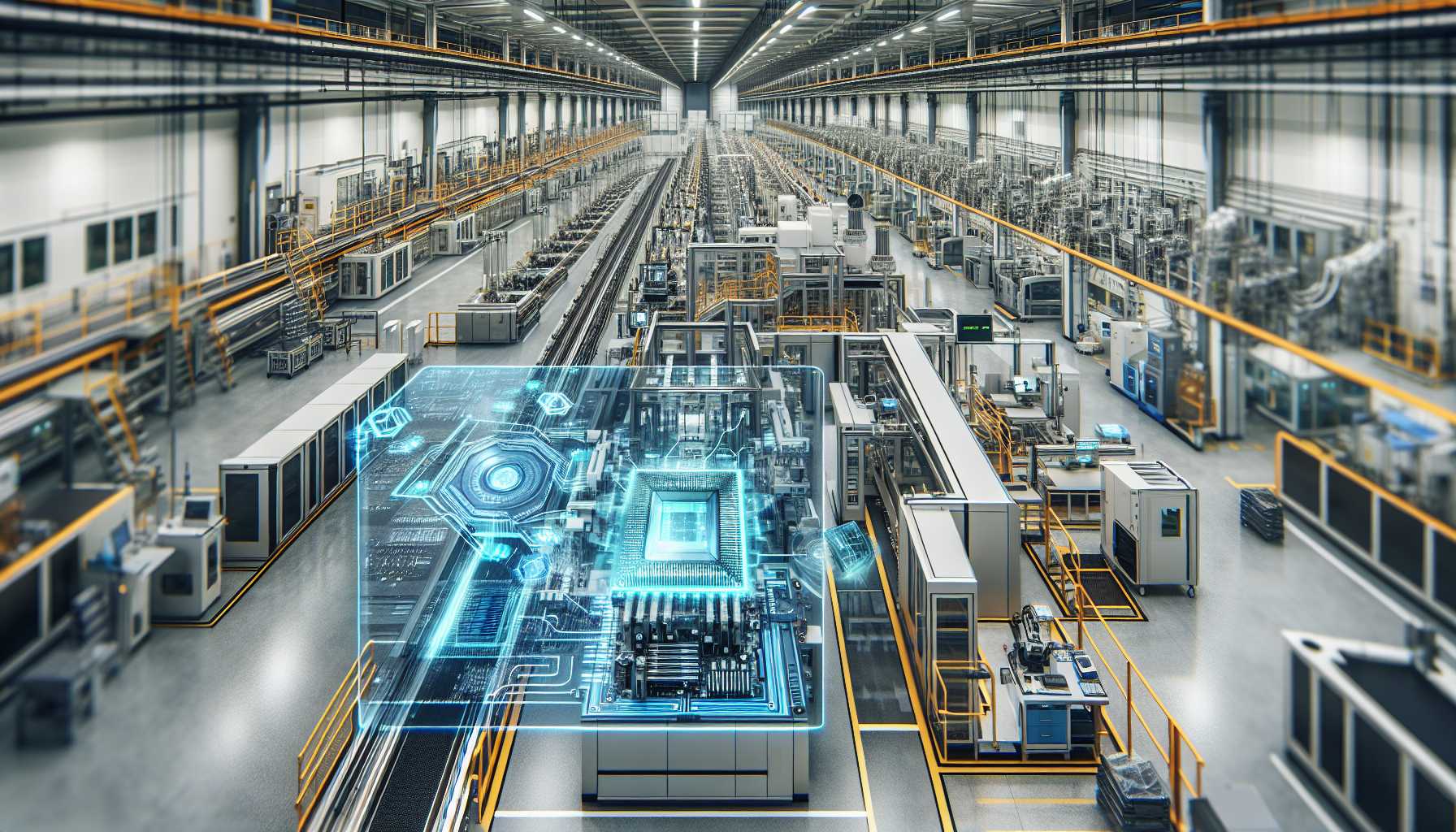 panoramic view of a high-tech semiconductor manufacturing facility with futuristic overlay