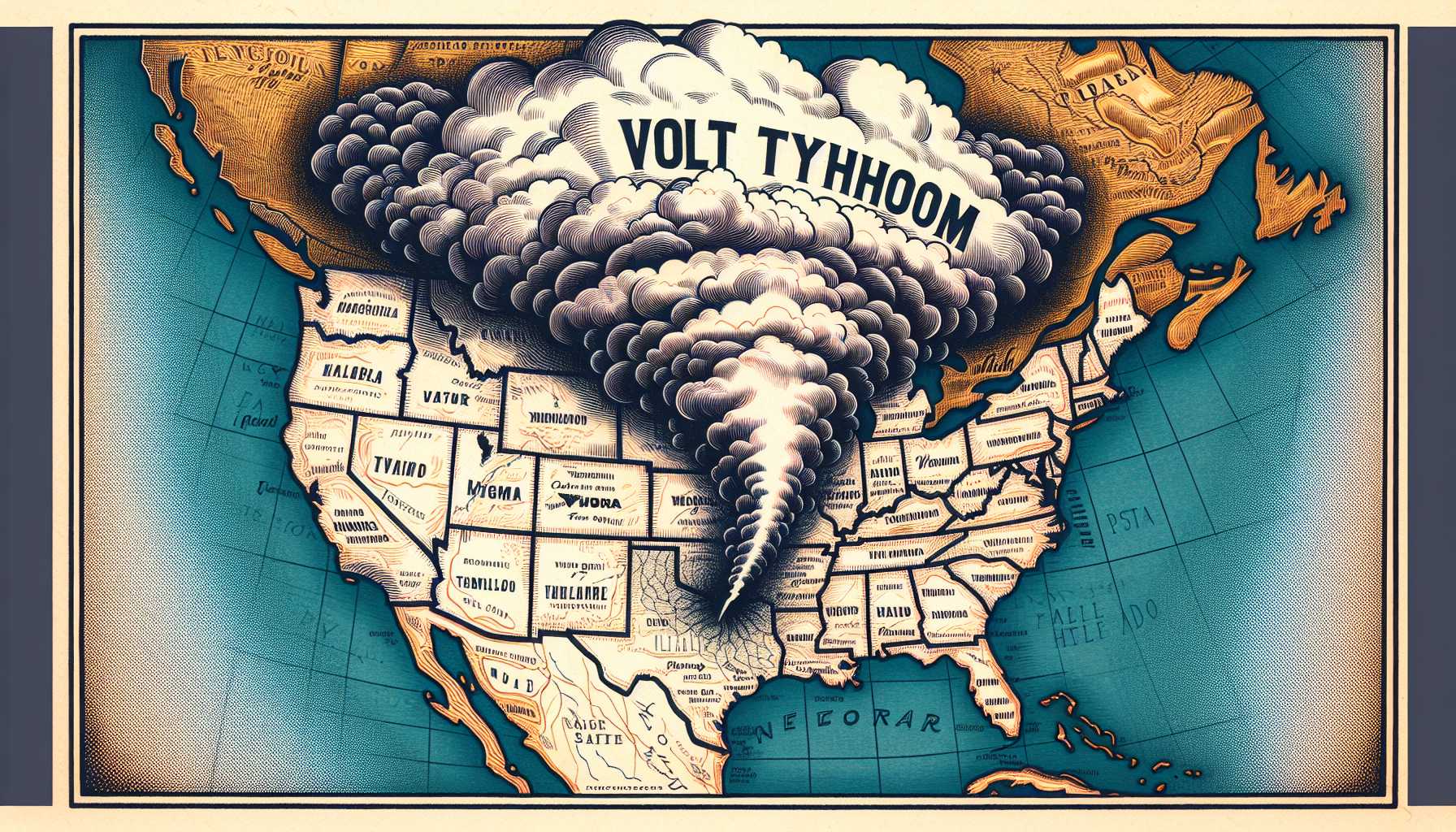 storm cloud over a map of USA labeled Volt Typhoon