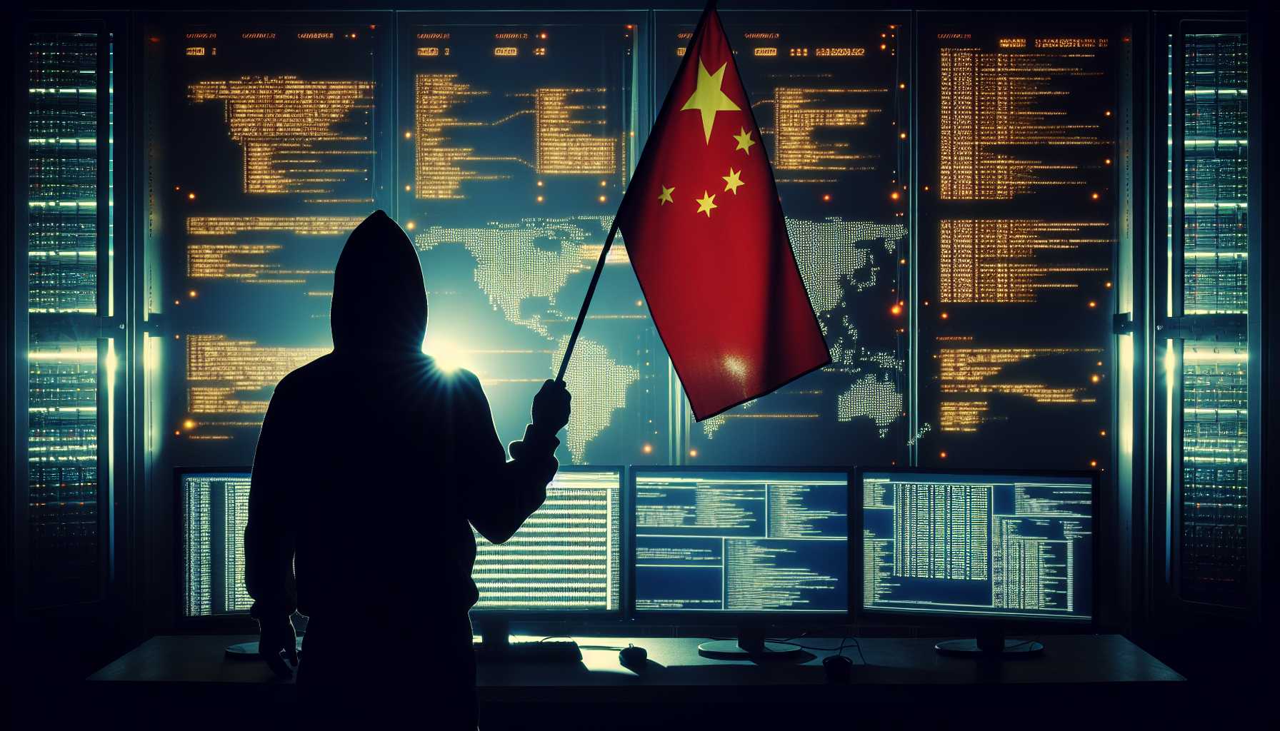 shadowy figure with China's flag spying on US cyber infrastructure