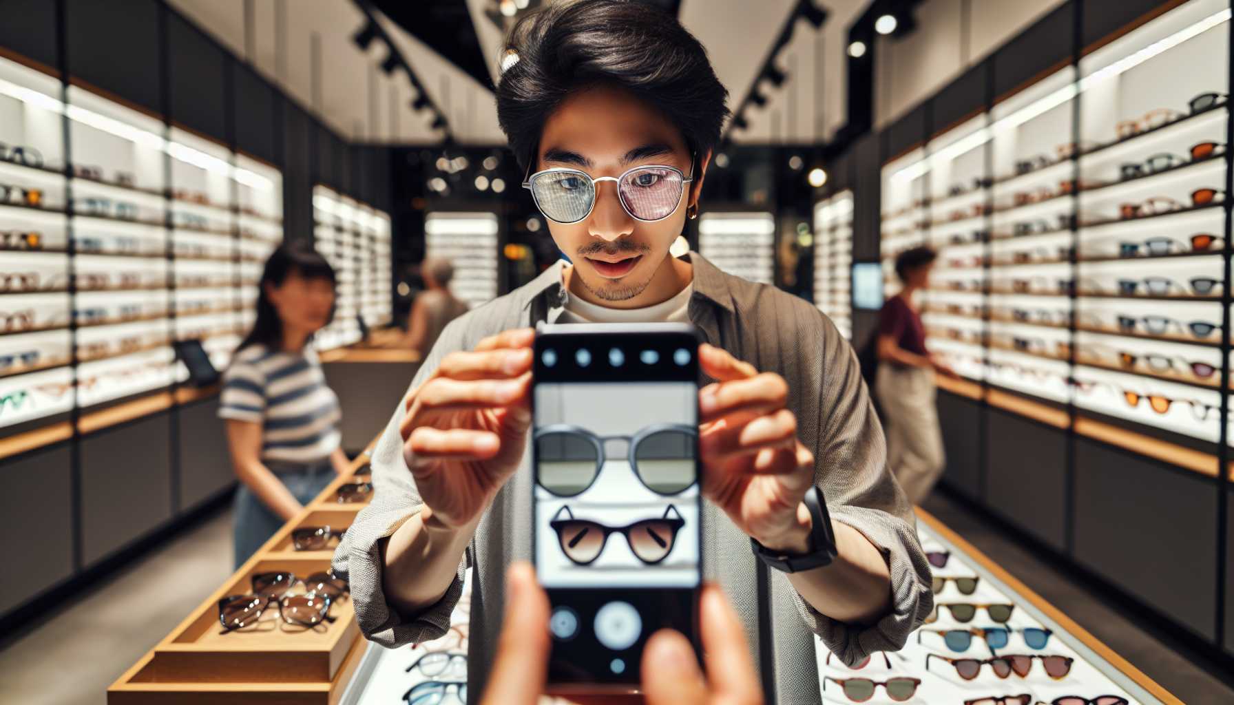 A person using a smartphone to virtually try on a pair of glasses in a retail store