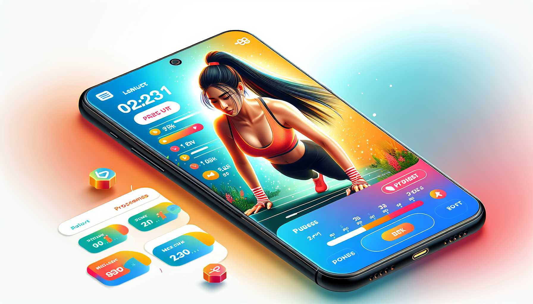 a mobile phone with a fitness app open on the screen, showing a woman doing a workout