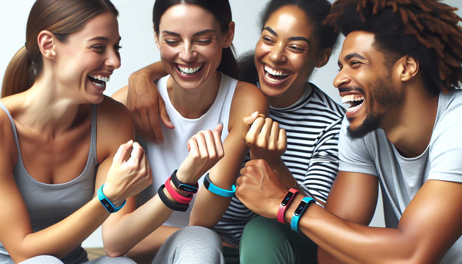 a group of people wearing fitbits and smiling