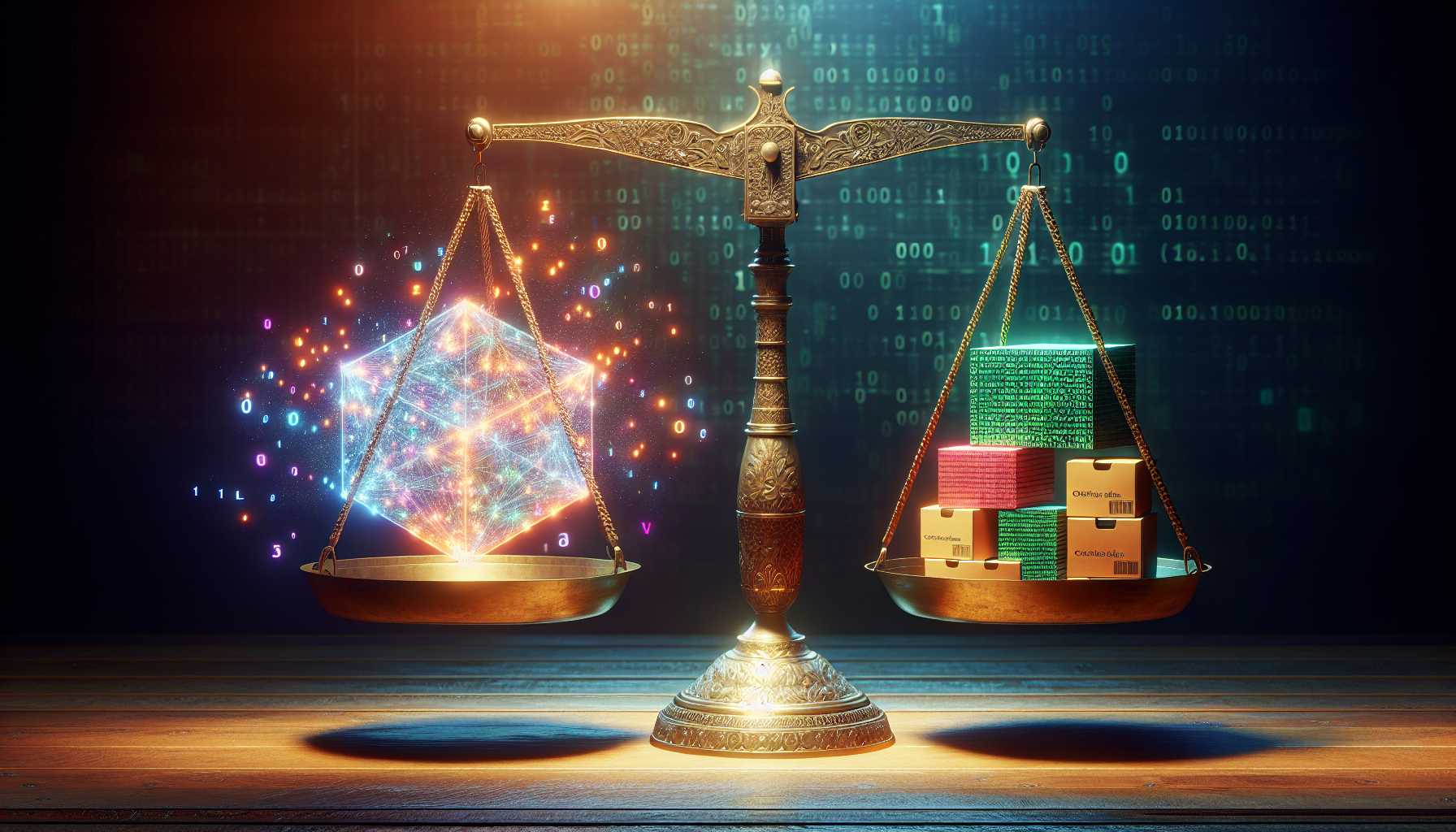 a balance scale with custom software on one side and off-the-shelf solutions on the other, symbolizing the decision-making in product management