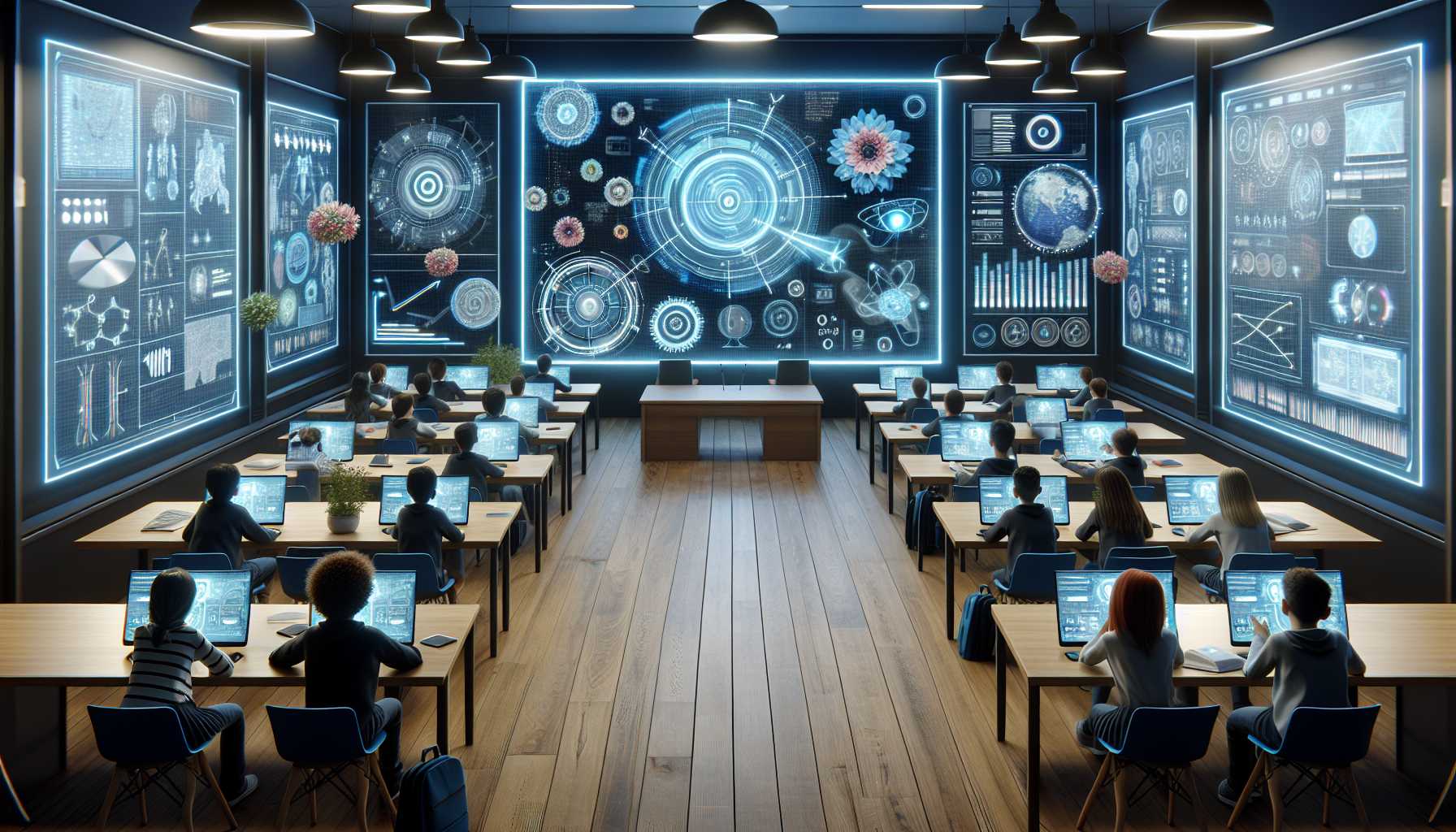 a futuristic classroom with holographic technology elements