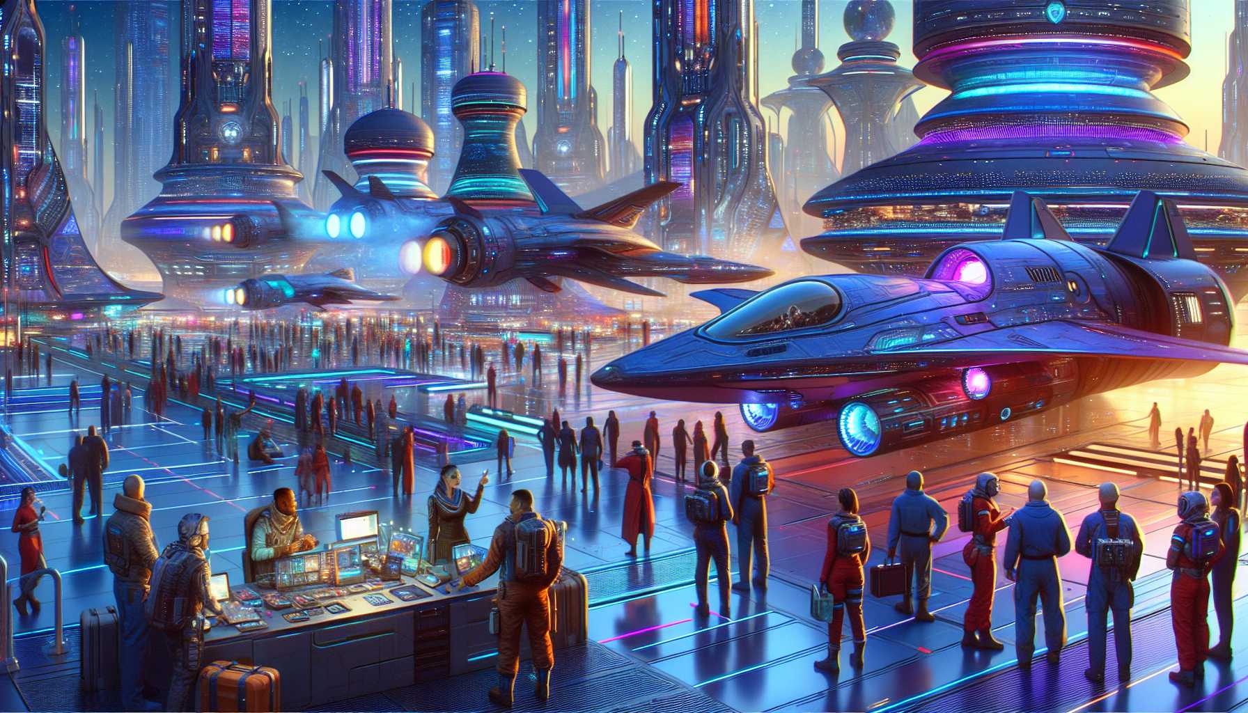 Sci-fi concept art of a colorful spaceport with diverse characters interacting