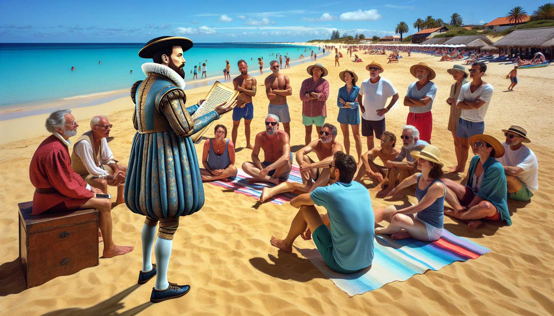 Augmented reality hologram of historical figure speaking to modern-day tourists on a sunny beach